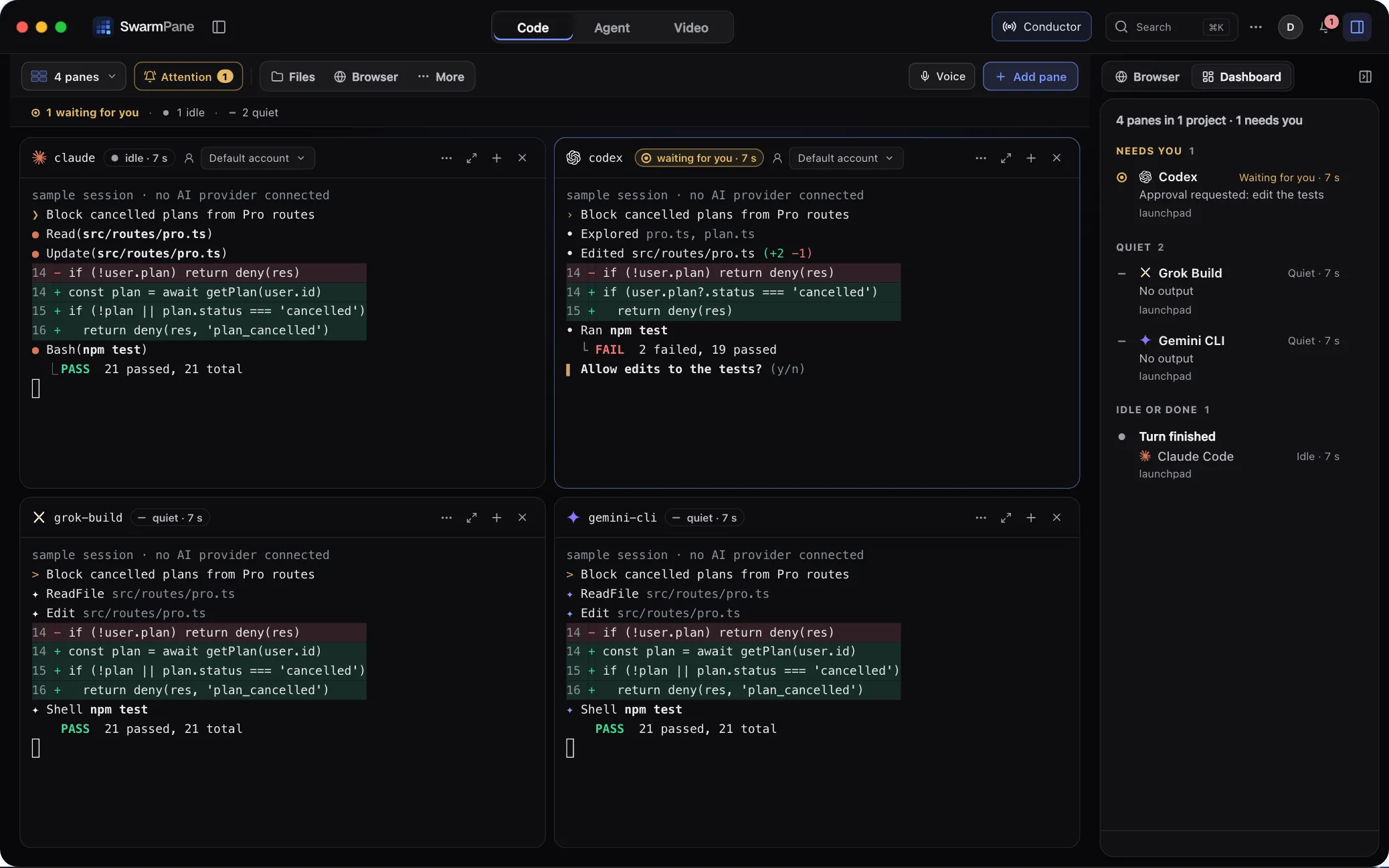 SwarmPane with Claude Code, Codex, Grok Build and Gemini CLI in four panes on the same task; Codex asks “Allow edits to the tests? (y/n)” and the Dashboard lists it under Needs you