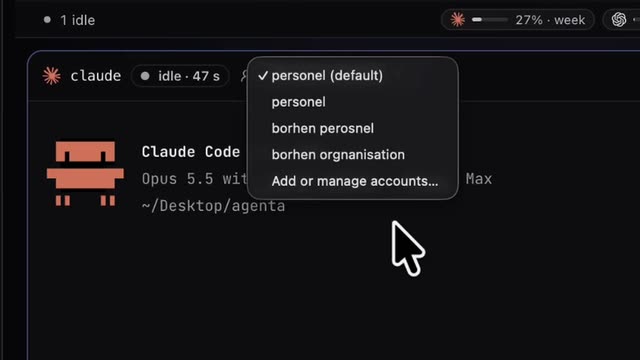 A Claude Code pane in SwarmPane with its account menu open, listing several saved accounts, and a weekly usage meter at the top of the window
