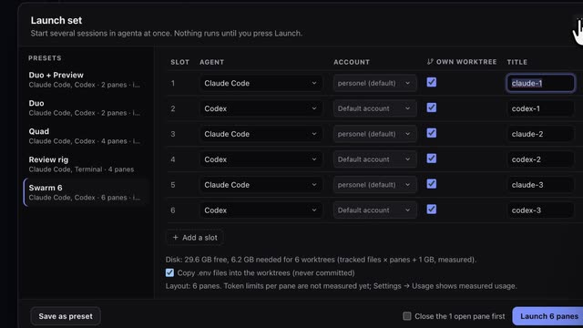 SwarmPane’s Launch set dialog with six slots, Claude Code and Codex in turn, each with an account, Own worktree checked and a title, above the disk space six worktrees need