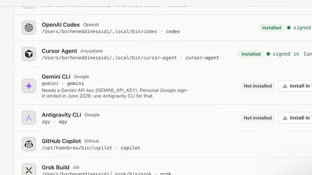 SwarmPane’s Settings → Agents list: Codex and Cursor Agent installed and signed in, Gemini CLI and Antigravity CLI not installed with Install in Terminal buttons, then GitHub Copilot and Grok Build